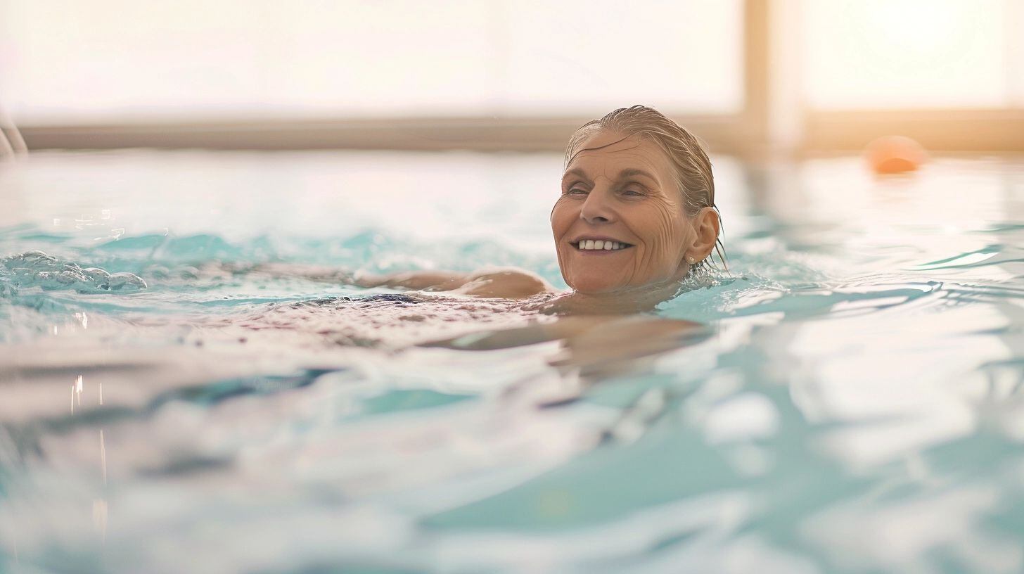 Una abuela realiza ejercicios de natación en una piscina, demostrando la importancia del mantenimiento físico en la tercera edad. Su compromiso con la salud y el bienestar a través del cuidado del cuerpo es un testimonio de amor propio y determinación. (Imagen ilustrativa Infobae)