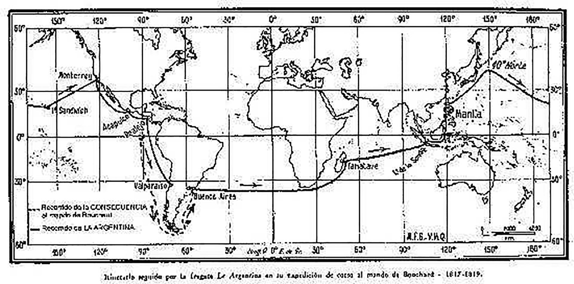 El largo periplo de Bouchard como corsario alrededor del mundo. 