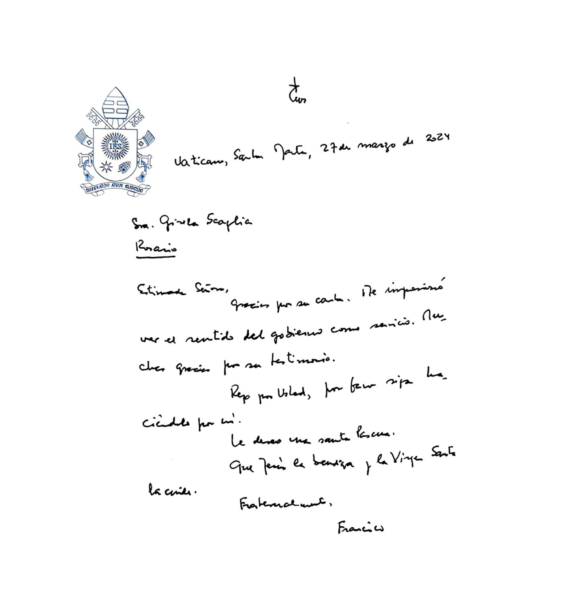 Carta del papa Francisco a Gisela Scaglia, vicegobernadora de Santa Fe