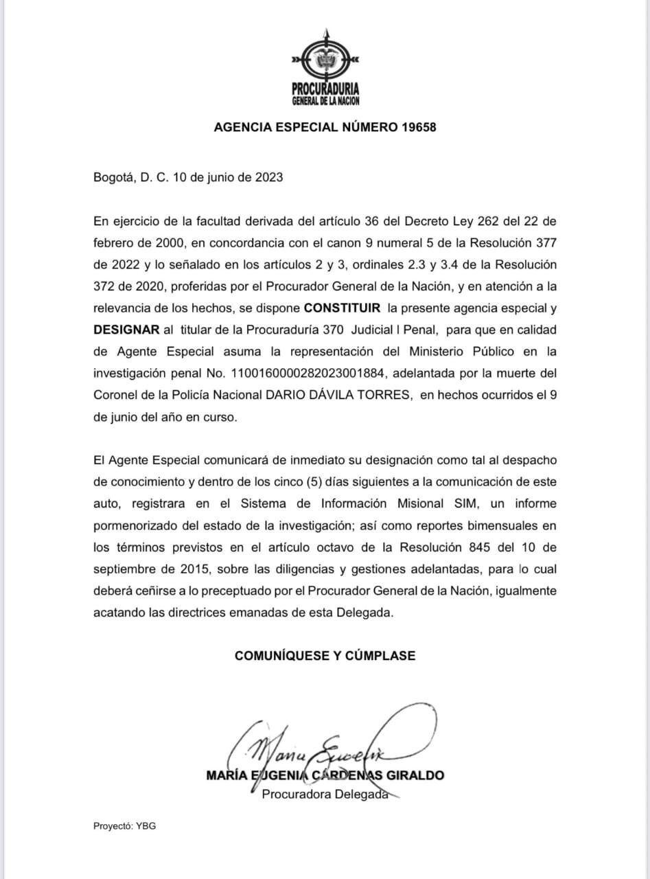 Designación de Agencia Especial para la investigación de la muerte del coronel Óscar Dávila. Procuraduría General de la Nación