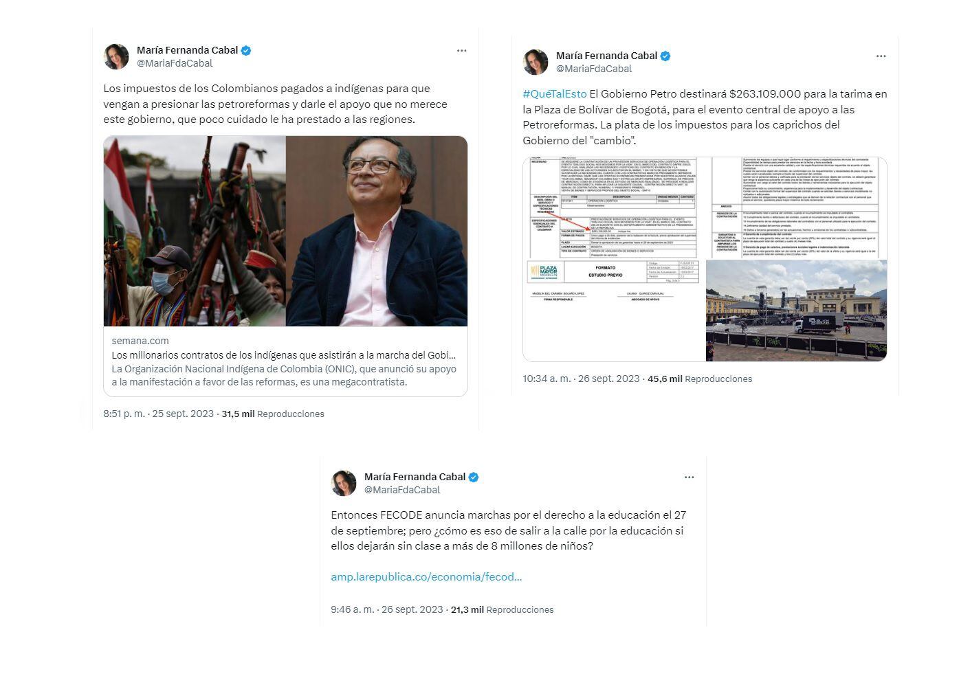 La senadora Cabal le dedicó varias publicaciones a sus críticas a las marchas convocadas por el Gobierno de Gustavo Petro - crédito @MariaFdaCabal/X