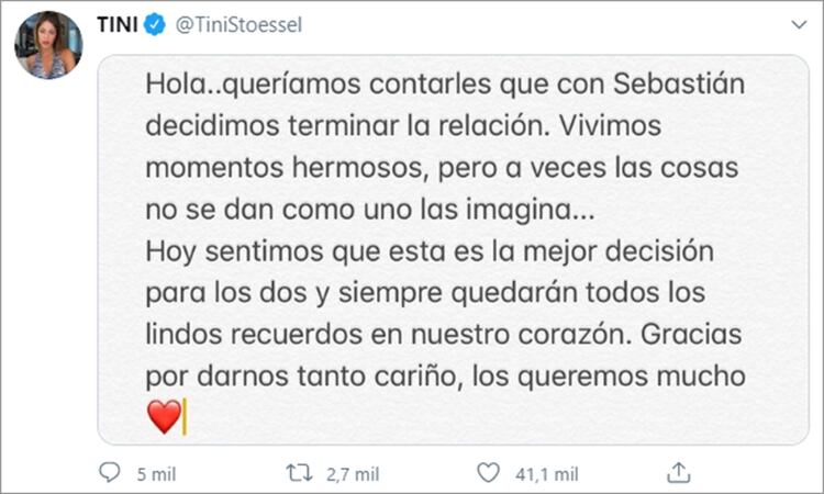 El posteo de Tini Stoessel en Twitter, anunciando la separación