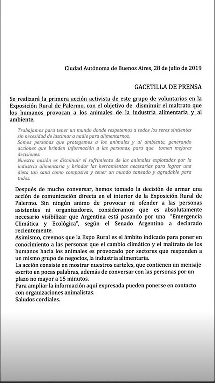 El comunicado publicado por DXE Buenos Aires, horas antes de la protesta en La Rural