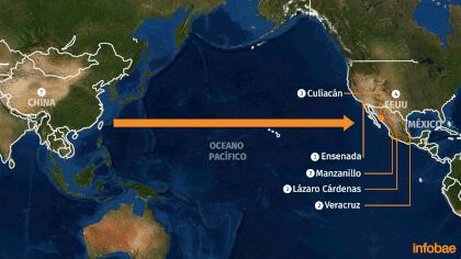 La ruta del trasiego de precursores químicos de China a México y finalmente a Estados Unidos.