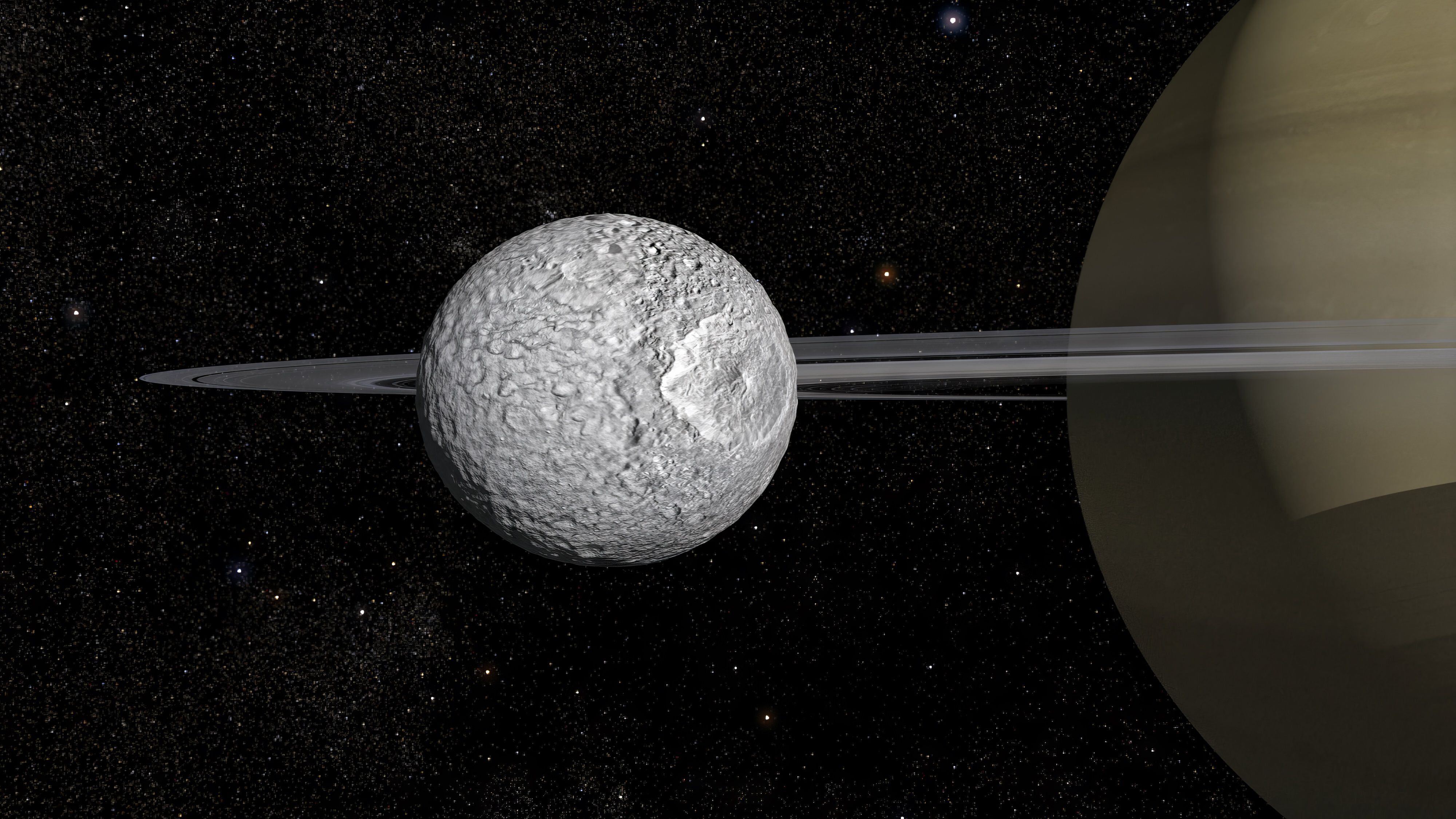 Astrónomos europeos, sugieren la presencia de un océano global bajo la gélida superficie de Mimas, una de las menores lunas de Saturno. (Frédéric Durillon/Animea Studio/Observatorio de París/EFE)