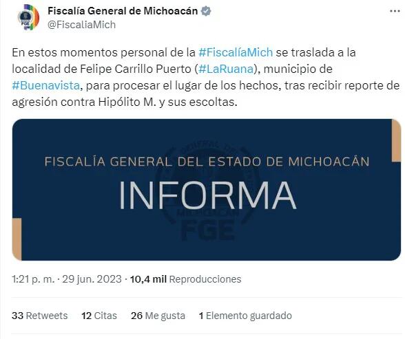 La Fiscalía de Michoacán informó que ya se dirige al lugar del atentado. | Captura de pantalla