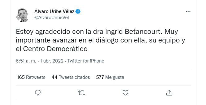 Ingrid Betancourt, aberta à aliança com o Centro Democrático, liderada por Álvaro Uribe.