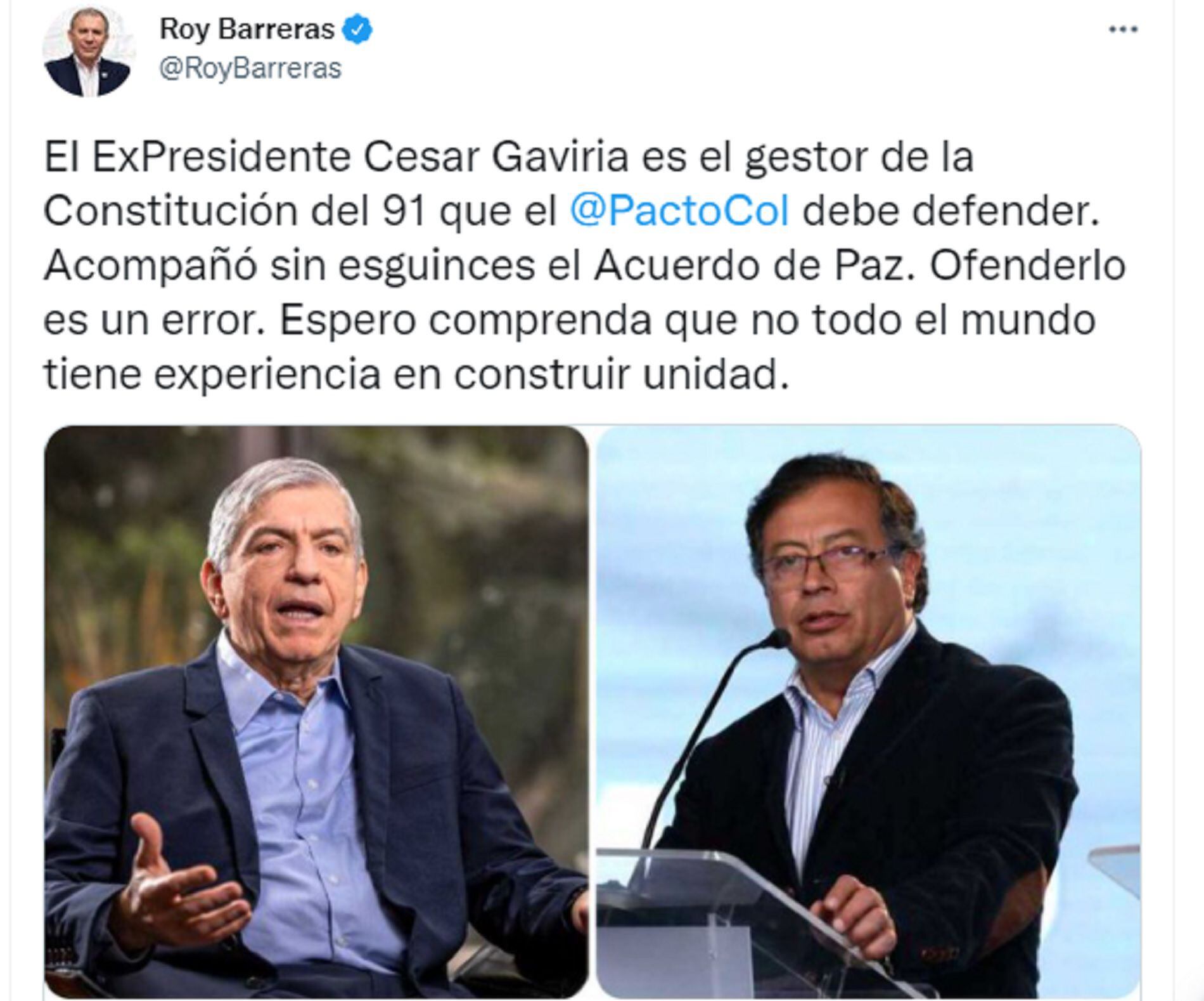 자유당 회담 파열에 직면 한 역사 조약의 비판적 상황을 암시하는 로이 바레라스 (Roy Barreras) 의 트윗