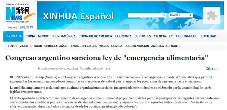 La noticia en la agencia Xin Hua