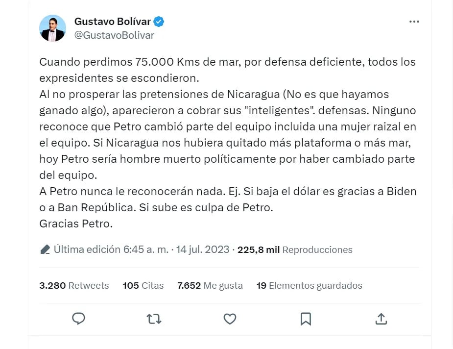 Reacción de Gustavo Bolívar al veredicto de La Haya revoluciona las redes sociales
