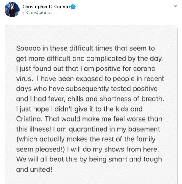 El mensaje de Chris Cuomo en el que confirma que tiene coronavirus