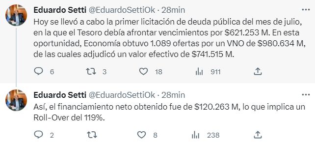 Tuit Eduardo Setti licitación de deuda