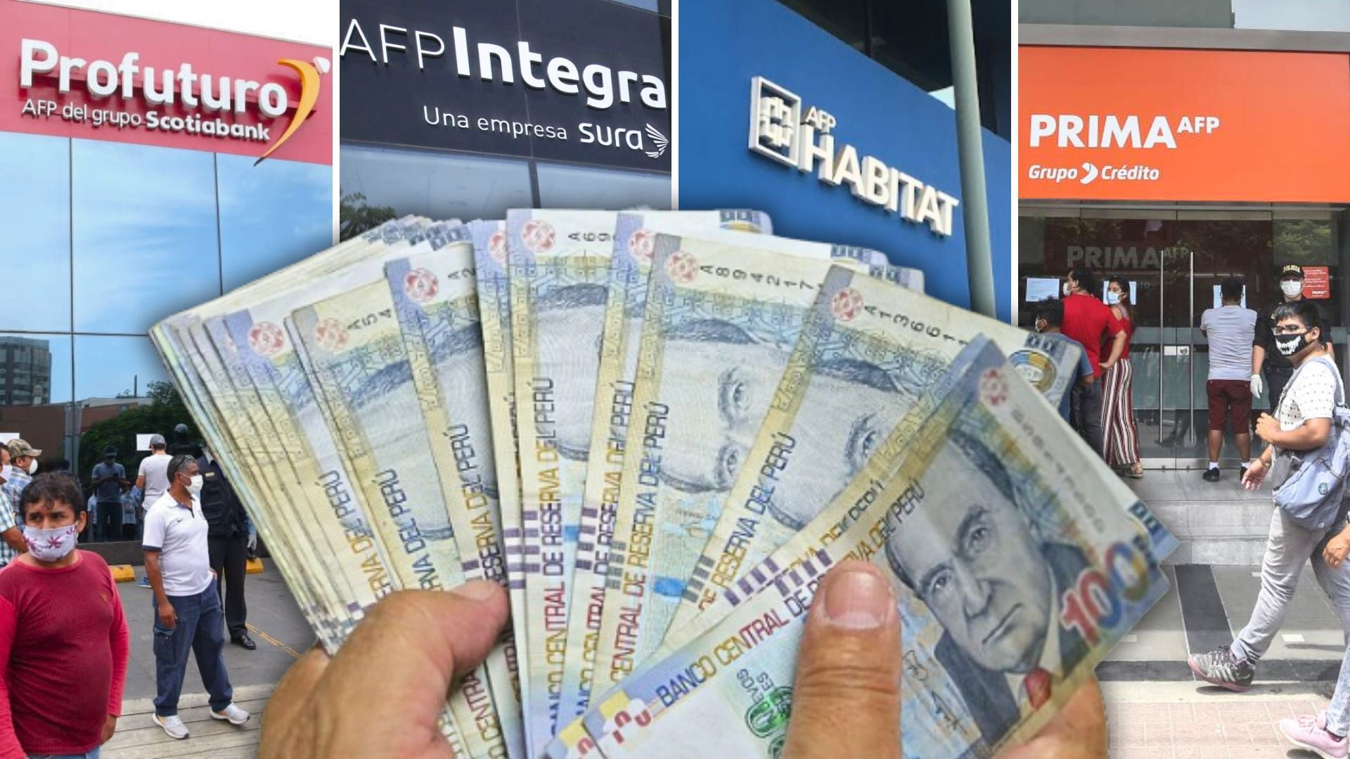 mano con billetes de 100 soles frente a las cuatro AFP, Profuturo AFP, Integra, Habitat y Prima AFP