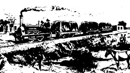Dibujo de Guillermo Roux que recrea el "tren fúnebre" que llevaba al cementerio los fallecidos por la fiebre amarilla. (Tomado de "La Antigua Chacarita de los Colegiales" de Diego Pino - Instituto Histórico de la Ciudad de Buenos Aires, 2004.