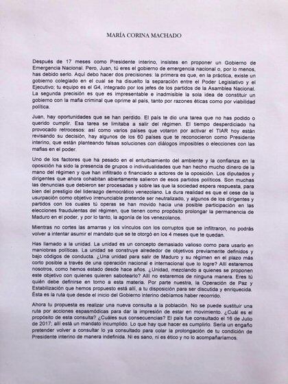 La carta pública de María Corina Machado a Juan Guaidó 