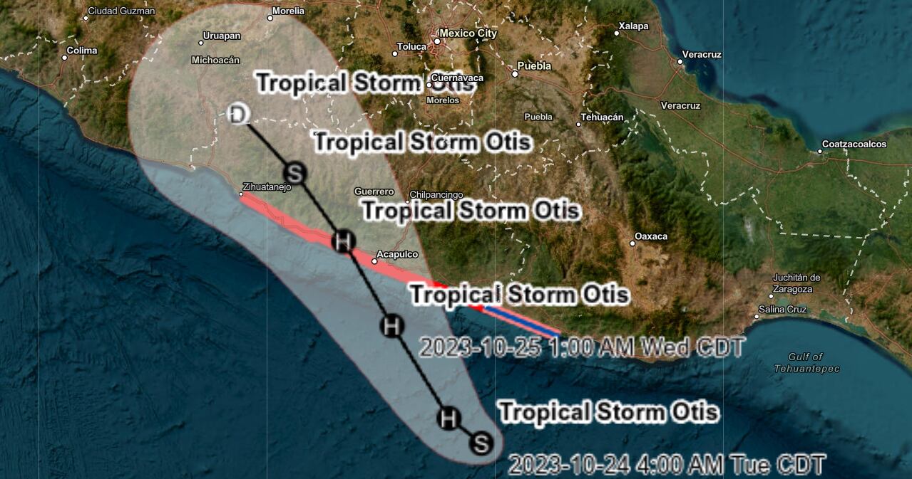 Posible trayectoria de la Tormenta Tropical Otis. Foto: Centro Nacional de Huracanes de EU