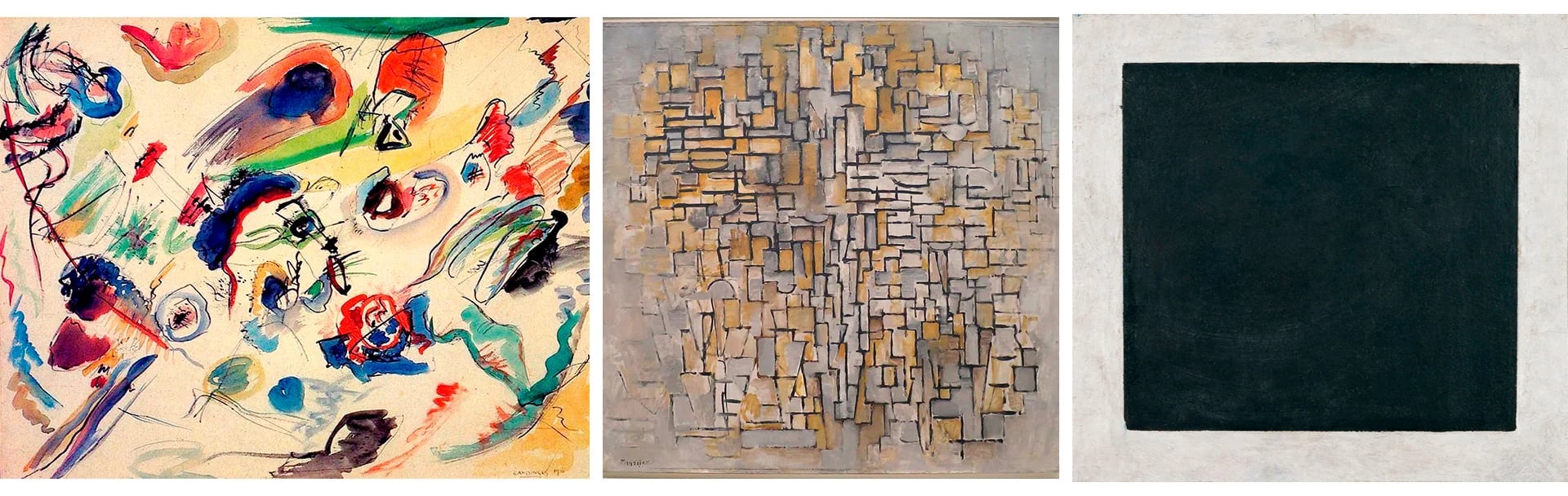 "Sin título", de Kandinsky (1910); "Composición VII" de Mondrian (1913) y "Cuadrado negro", de Malevich (1915)
