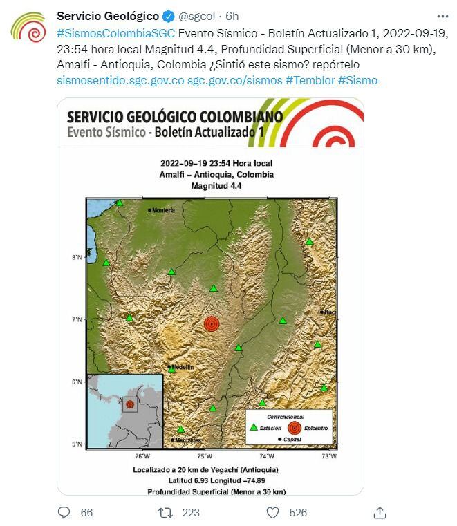 Reporte del Servicio Geológico Colombiano del sismo registrado el 19 de septiembre en Amalfi (Antioquia)