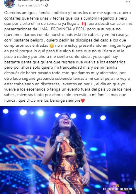 Brunella Torpoco makes sad announcement. (Photo: iFacebook)