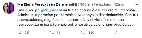La ex comisionada se disculpó con Viridiana Ríos (Foto: captura de pantalla / Twitter@MElenaPerezJean)