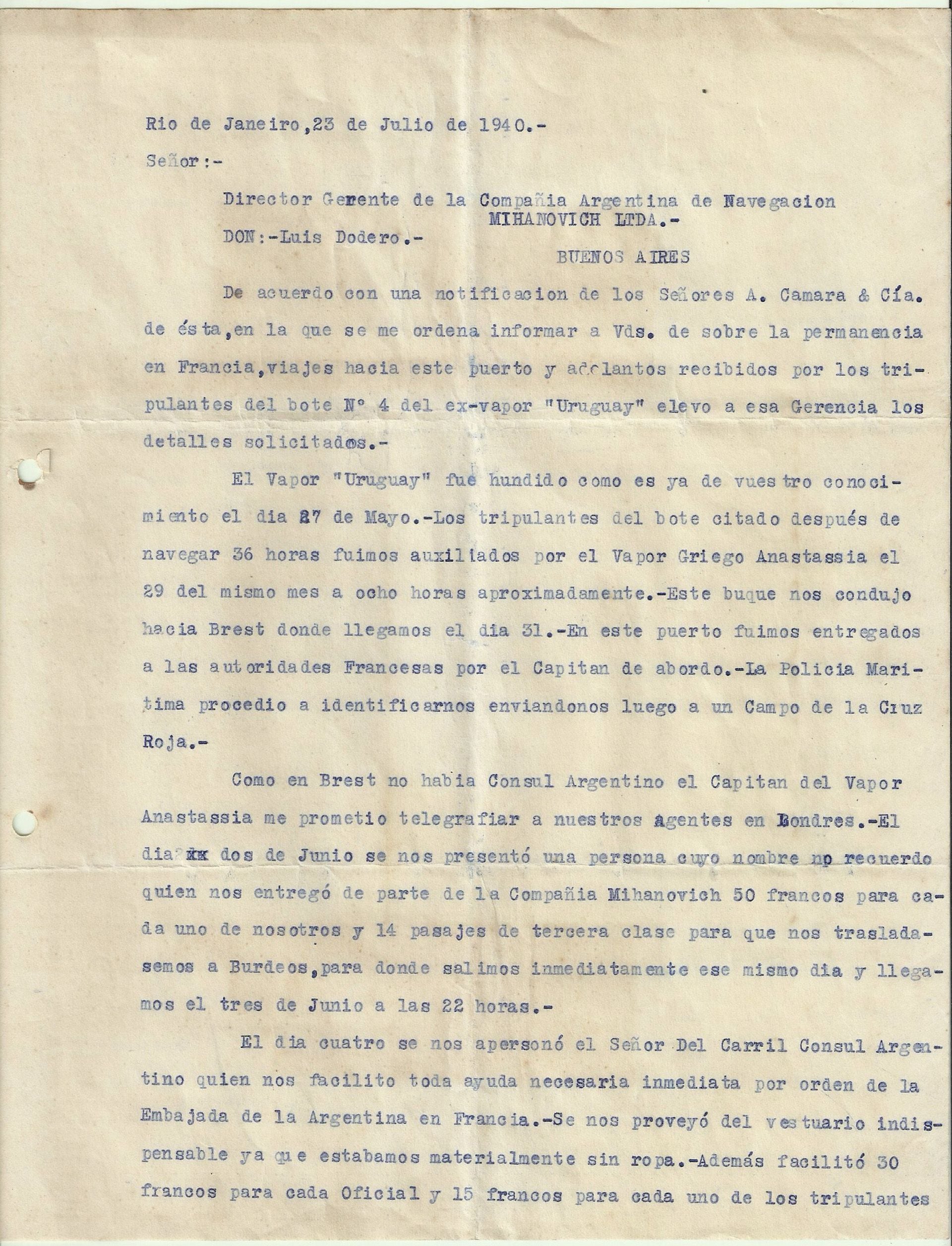 La carta que el por entonces tercer oficial del vapor Uruguay Orlando Borgo le envió al dueño de la Compañía Mihanovich, Eduardo Dodero, desde Francia, narrándole lo sucedido (Gentileza Marcela y Tomás Borgo)