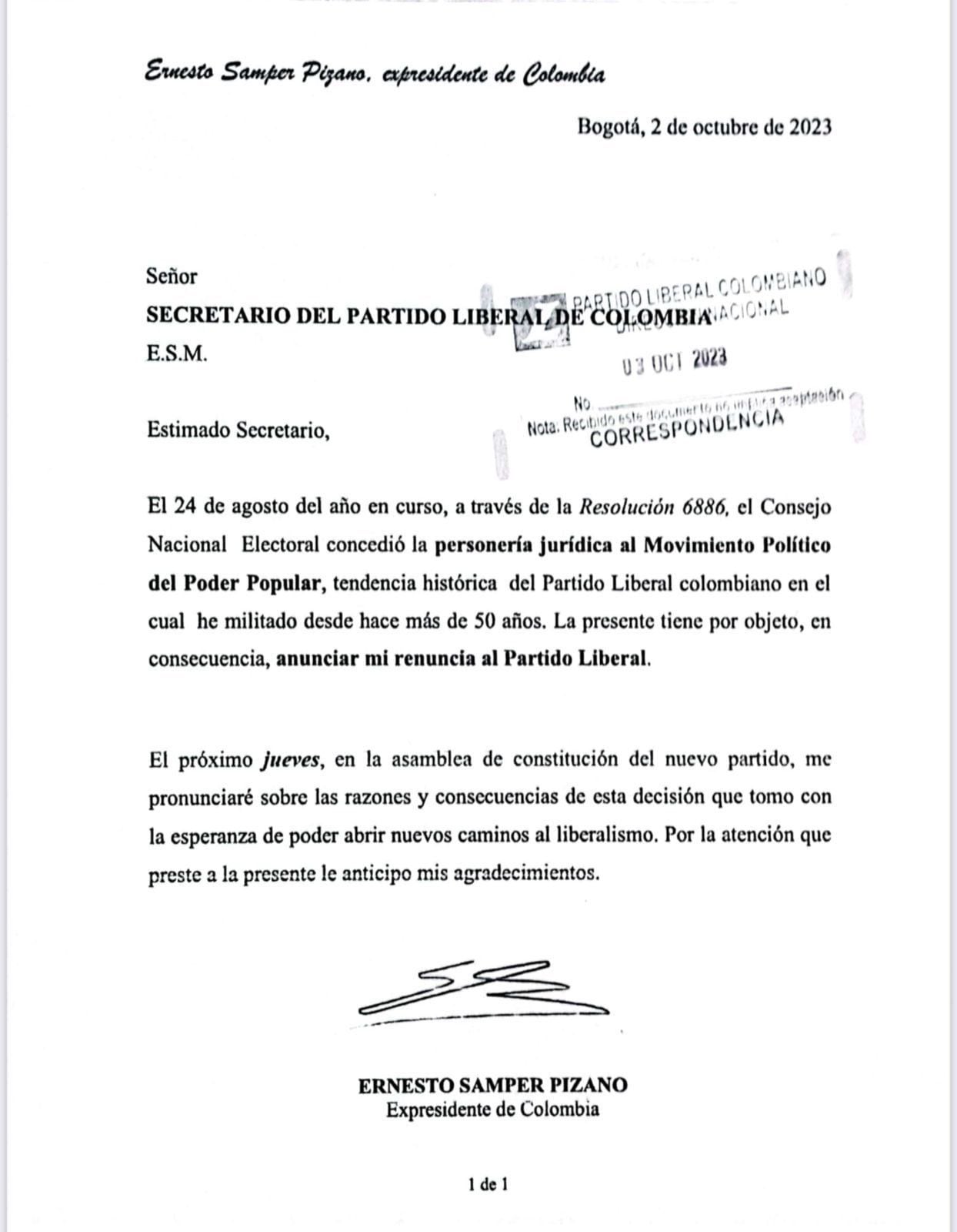 Esta es la carta de Ernesto Samper para renunciar al liberalismo y comenzar su camino político con el Movimiento Poder Popular - crédito @ernestosamperp/X