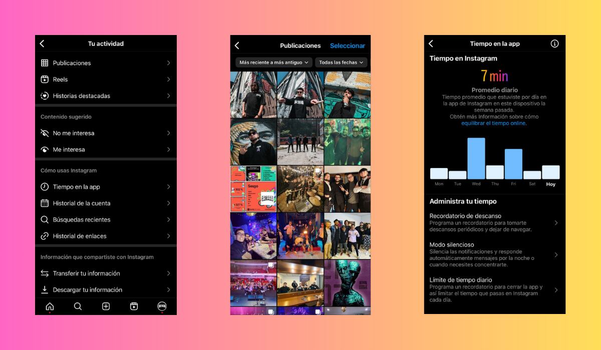 Otras funciones de 'Tu actividad' permiten archivar las publicaciones y gestionar el tiempo de uso de la aplicación. (Instagram - @sesgoband_)