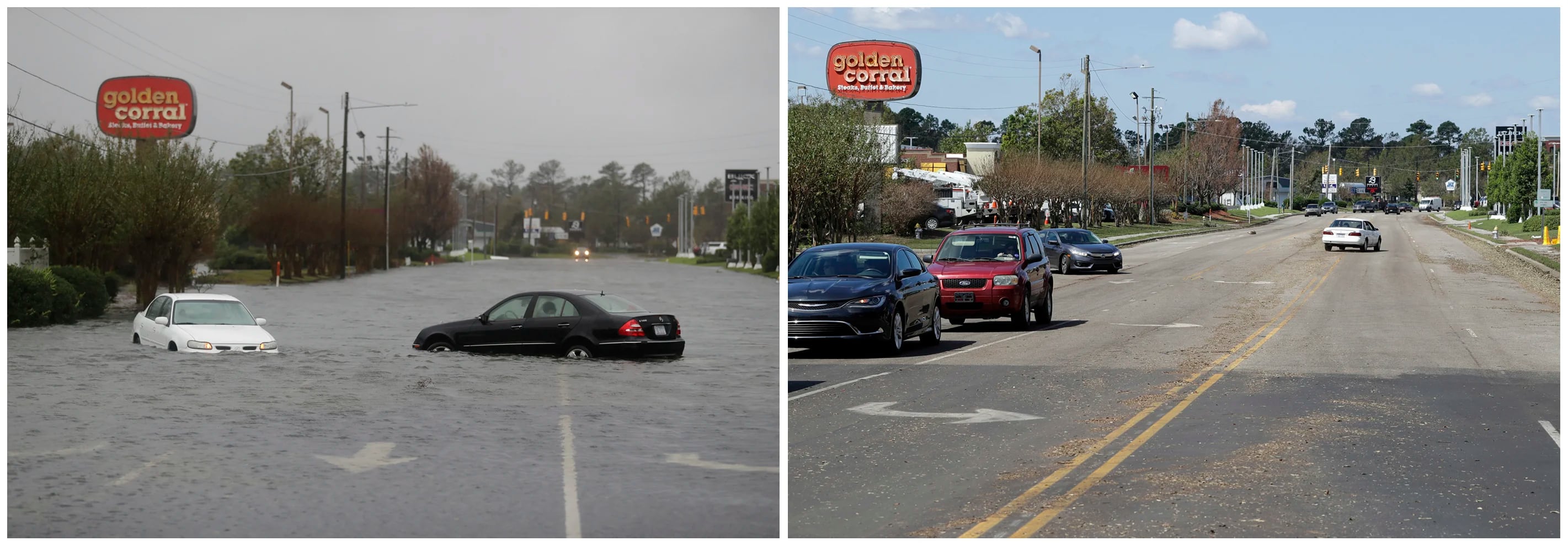 En esta combinación de fotografías, una inundación cubre una calle el 15 de septiembre de 2018, a la izquierda, y después, el 19 de septiembre, a la derecha, cuando había bajado de nivel tras el paso del huracán Florence en Wilmington, Carolina del Norte. (AP Foto/Chuck Burton)