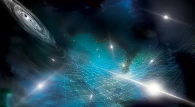 La impresión de este artista muestra un par de agujeros negros supermasivos que giran entre sí y envían ondas gravitacionales que afectan a los púlsares brillantes y resplandecientes. (Aurore Simonet para NANOGrav)