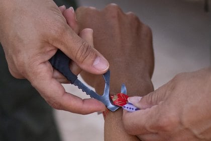 Un agente fronterizo retira un brazalete a un menor no acompañado en Penitas, Texas (Foto: REUTERS/Adrees Latif)