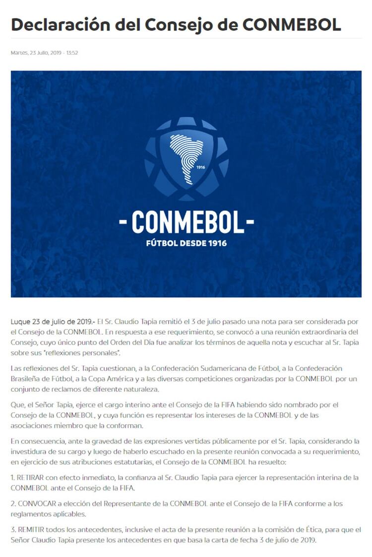 El comunicado de la Conmebol haciendo oficial el desplazamiento de Claudio Tapia