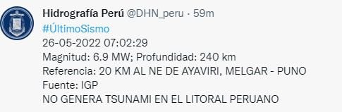 La Dirección de Hidrografía y Navegación de la Marina de Guerra del Perú informó que sismo en Puno no genera alerta de tsunami.