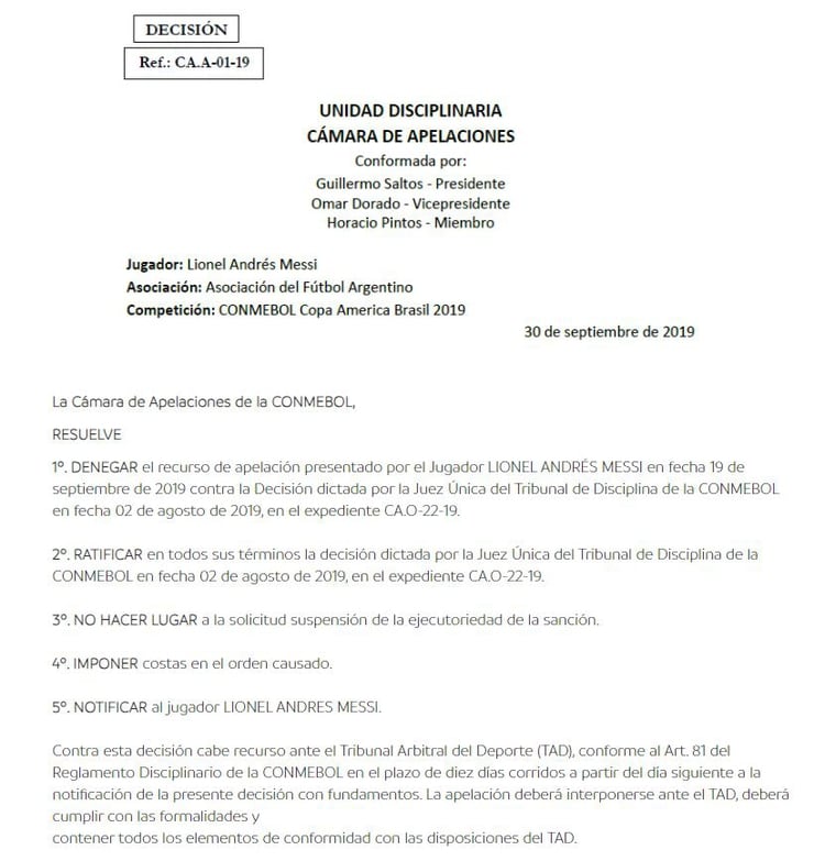 El documento que publicó la Conmebol, donde ratifica la sanción a Lionel Messi