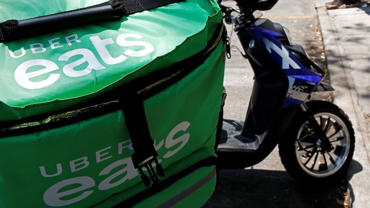A delivery bag with the logo of Uber Eats is seen on the street in Mexico City, Mexico May 20, 2019. REUTERS/Carlos Jasso