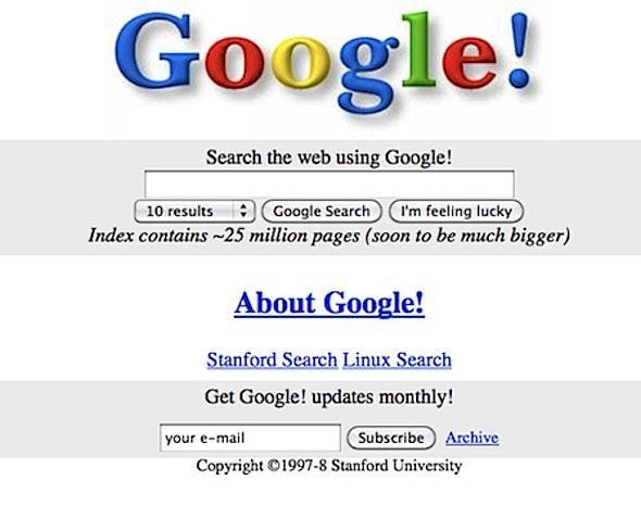 Aspecto original de Google Search en 1998, un año después de su creación.