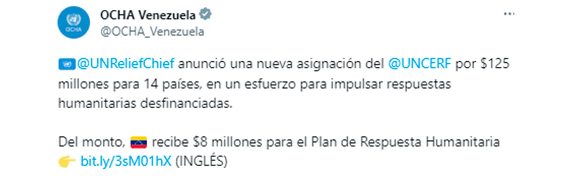 El mensaje de OCHA Venezuela (@OCHA_Venezuela)