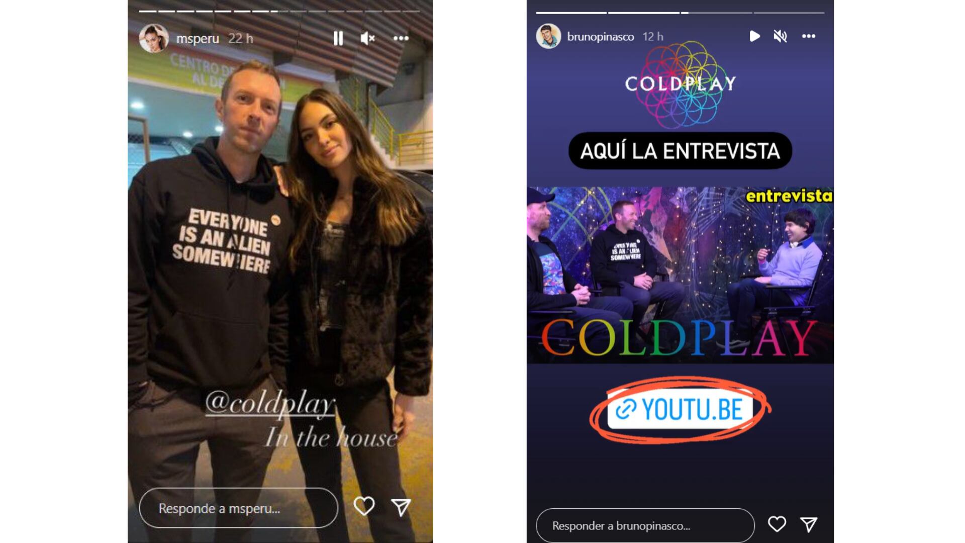 Natalie Vértiz y Bruno Pinasco entrevistando a Coldplay. (Instagram)