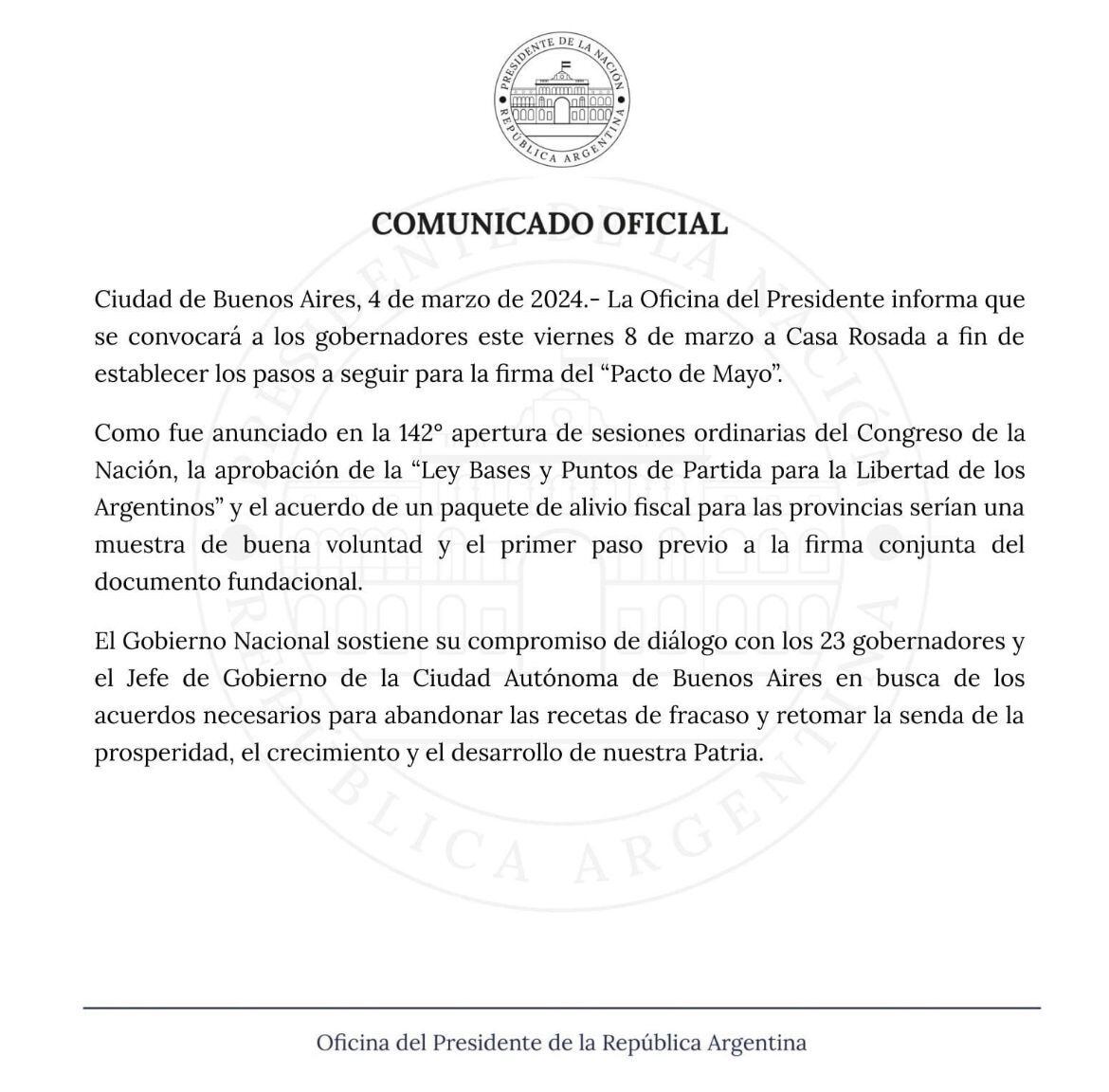 Comunicado de la Oficina del Presidente de la República Argentina, confirmando la convocatoria a los gobernadores para el viernes 8 de marzo