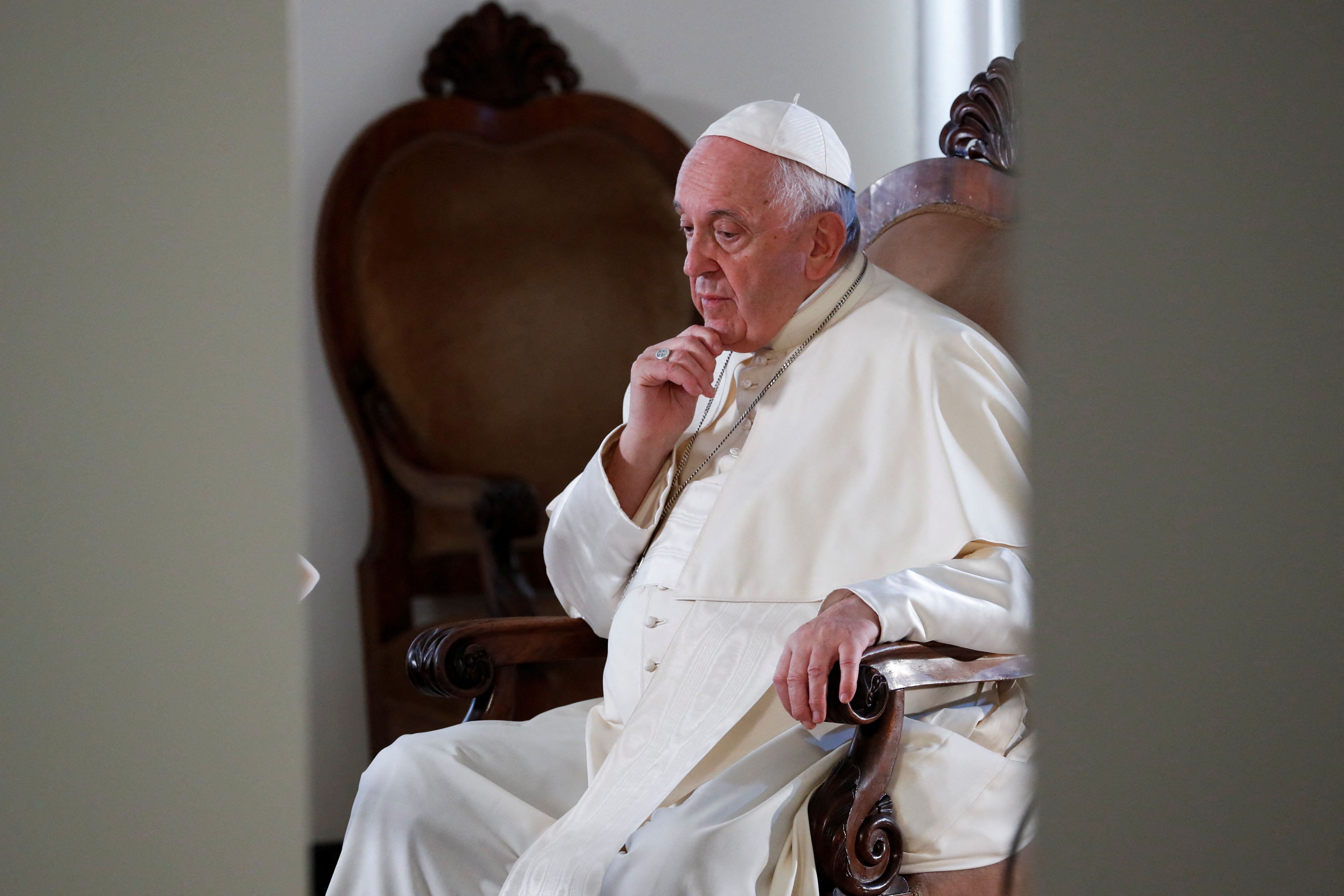 Pope Francis looks on during an exclusive interview with Reuters, at the Vatican, July 2, 2022. REUTERS/Remo Casilli