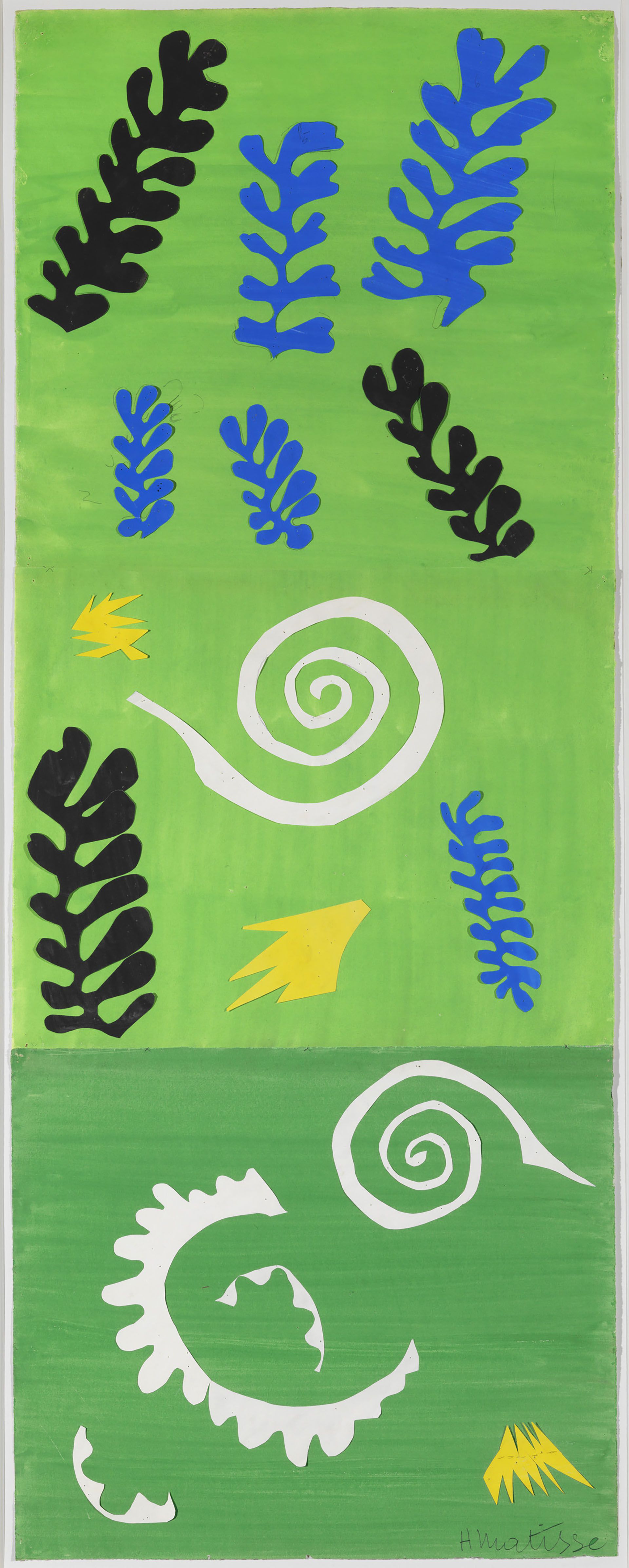 "Composición en fondo verde" muestra la técnica de Matisse de cortar y pegar trozos de papel pincelados con acuarela opaca (Colección Hickey-Robertson/Menil, Houston)