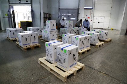 Cajas con vacunas de Pfizer/BioNTech antes de ser colocadas dentro de una cámara frigorífica en un almacén en Santiago, Chile, el 11 de marzo de 2021 (REUTERS/Ivan Alvarado)