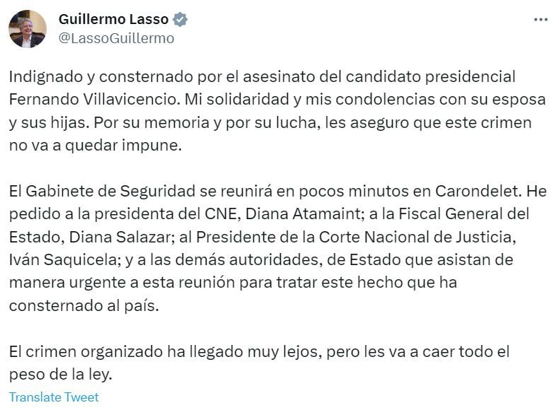 Mensaje de Guillermo Lasso, presidente de Ecuador, sobre el asesinato del candidato Fernando Villavicencio.