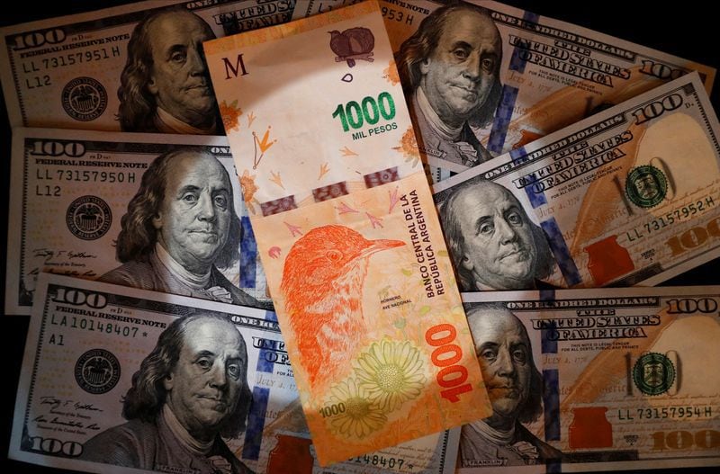 Foto de archivo. Un billete de mil pesos argentinos se encuentra encima de varios billetes de cien dólares estadounidenses en esta ilustración. Oct 17, 2022. REUTERS/Agustin Marcarian/Ilustración