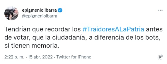 Ibarra señaló que la ciudadanía recordará, “a diferencia de los bots”, quienes fueron los legisladores que rechazaron la Reforma (Foto: Twitter/@epigmenioibarra)