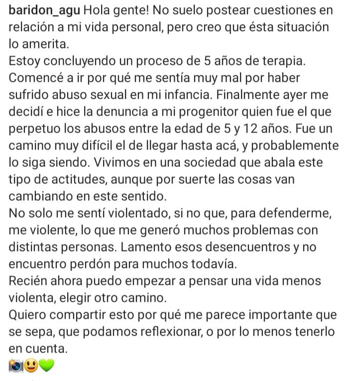 El posteo que Agustín Baridón hizo en su cuenta de Instagram