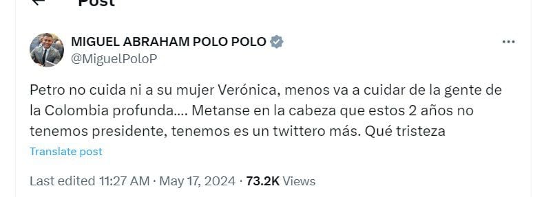 Miguel Polo Polo dice que el presidente Petro "no cuida" a su esposa Verónica Alcocer - crédito @MiguelPoloP