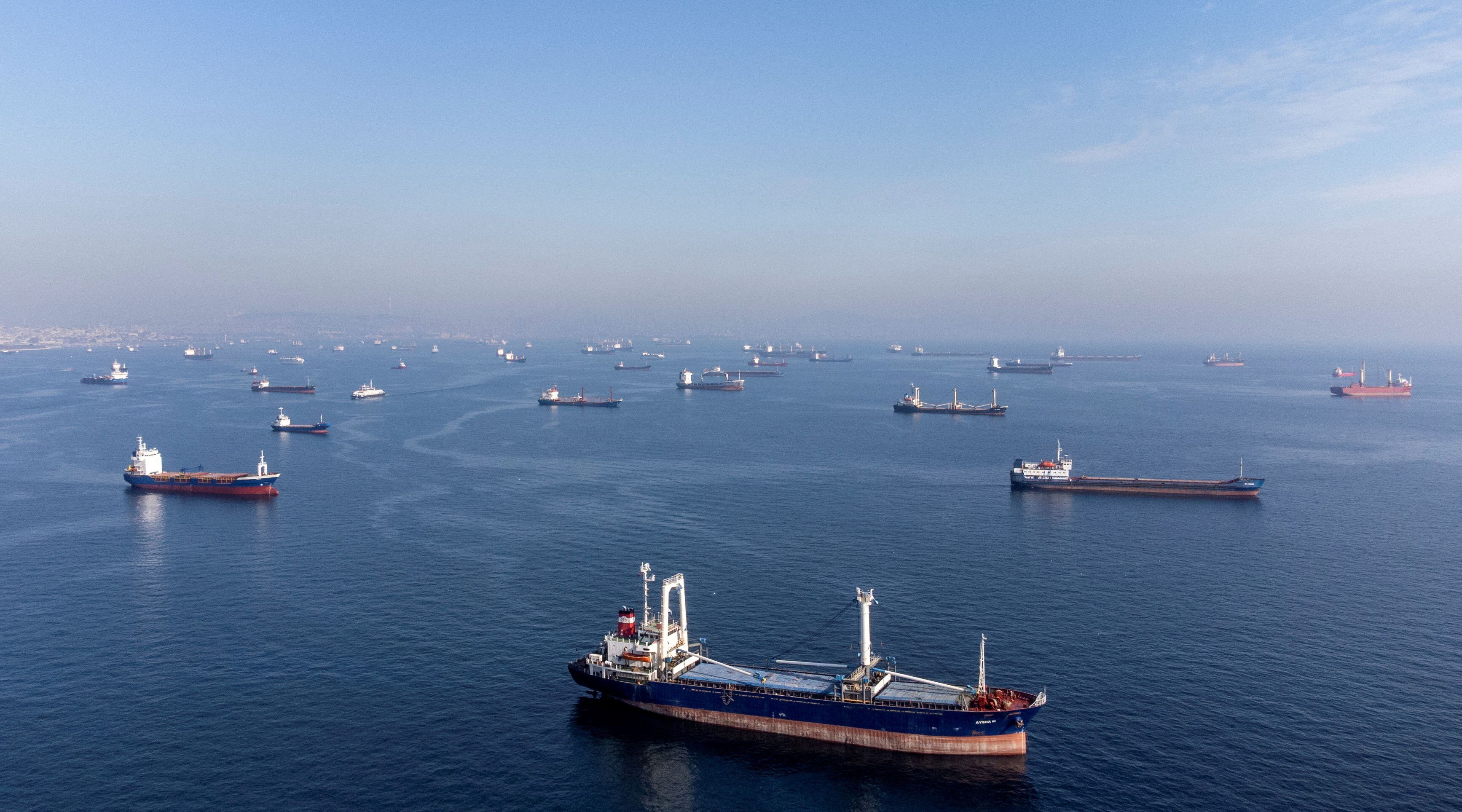 Barcos comerciales esperan para pasar el estrecho del Bósforo (REUTERS/Umit Bektas)
