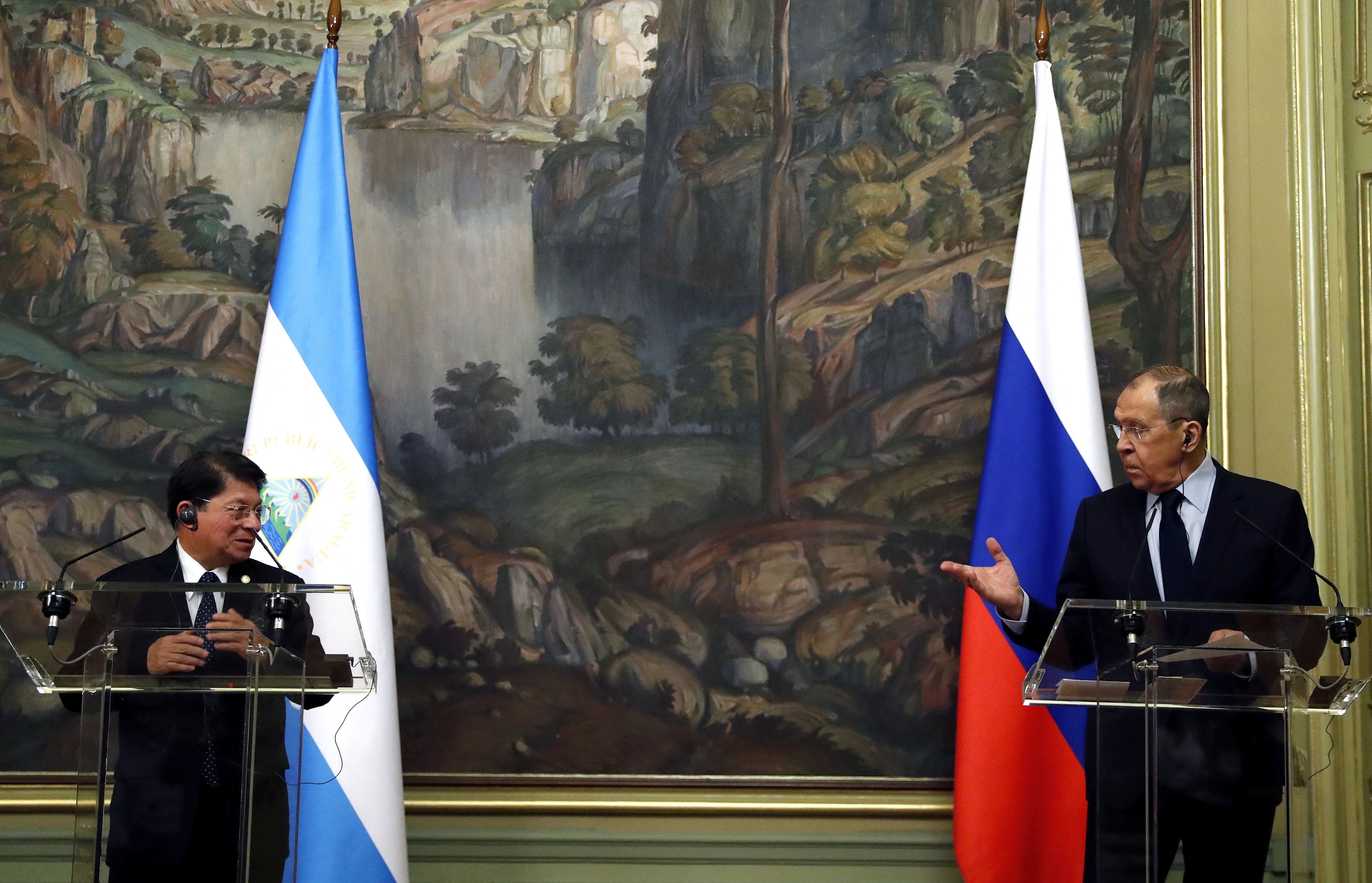 Lavrov en una rueda de prensa conjunta con el canciller nicaragüense, Denis Moncada, en Moscú el 30 de marzo de 2023 (REUTERS)