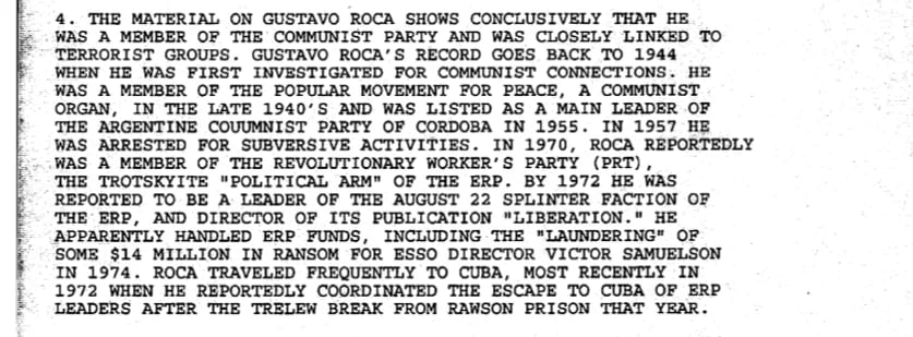 Hill dedicó un largo párrafo a explicar la biografía de Gustavo Roca al Departamento de Estado.