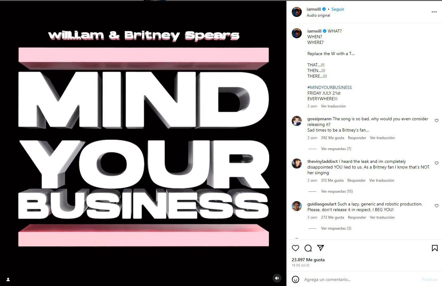 La colaboración entre Britney Spears y Will.i.am ha generado comentarios mayormente negativos